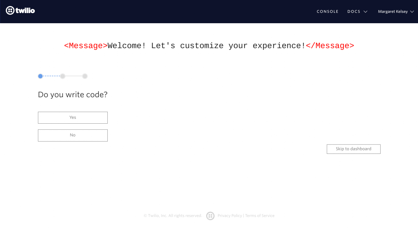 user onboarding personalization question example from twilio onboarding flow