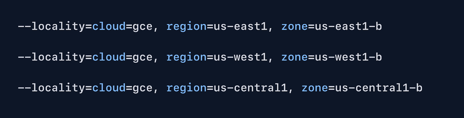 Example of CockroachDB locality configurations 