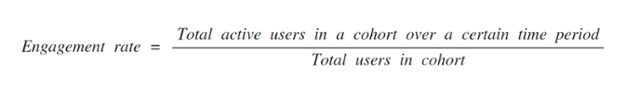 Engagement rate formula = Active users in a cohort over a certain time period / Total users in cohort