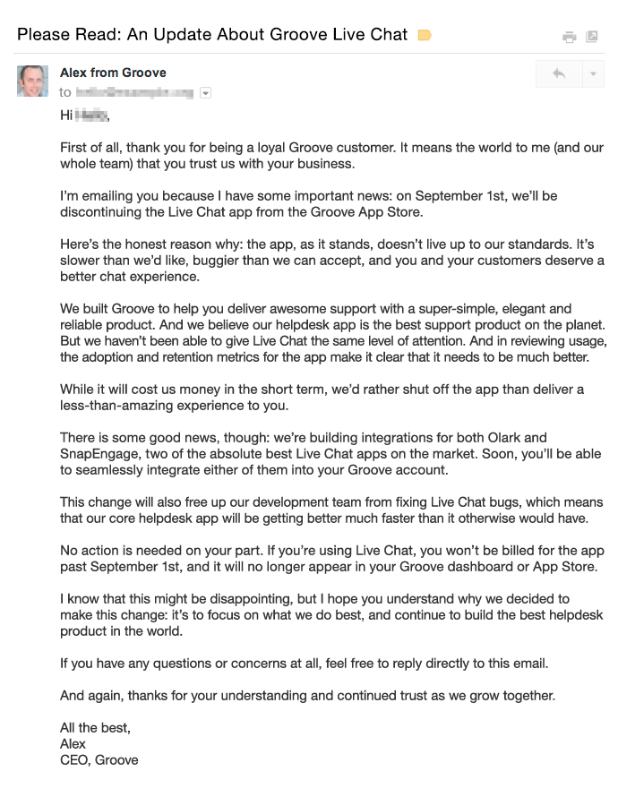 groovehq email cutting feature communication with customer example
