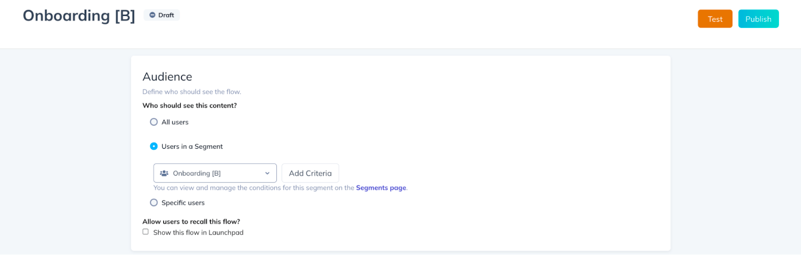 Screenshot of Appcues Segment B in user onboarding Flow A/B test 