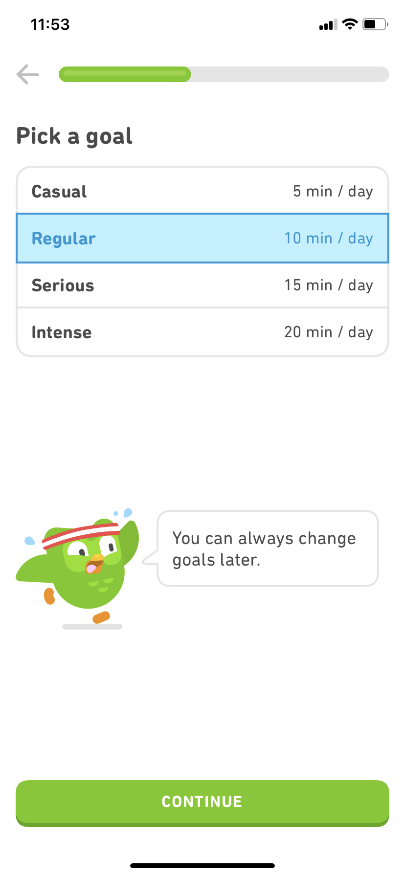 duolingo mobile app screenshot of account setup and language learning goals screen.