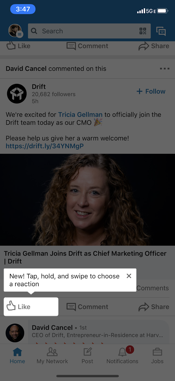new feature tooltip example on linkedin mobile app