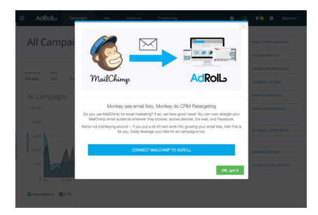 adroll integration announcement modal window made with appcues
