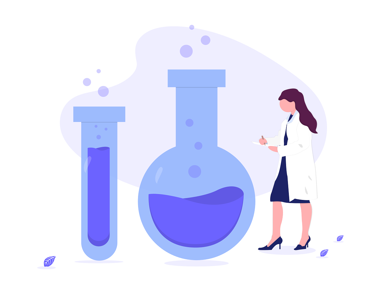 an illustration of a scientist in front of a large purple test tube