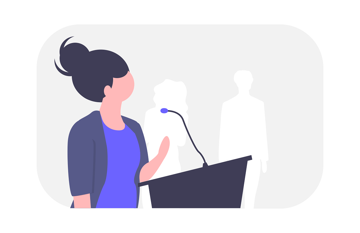an illustration of a growth product manager communicating at a podium