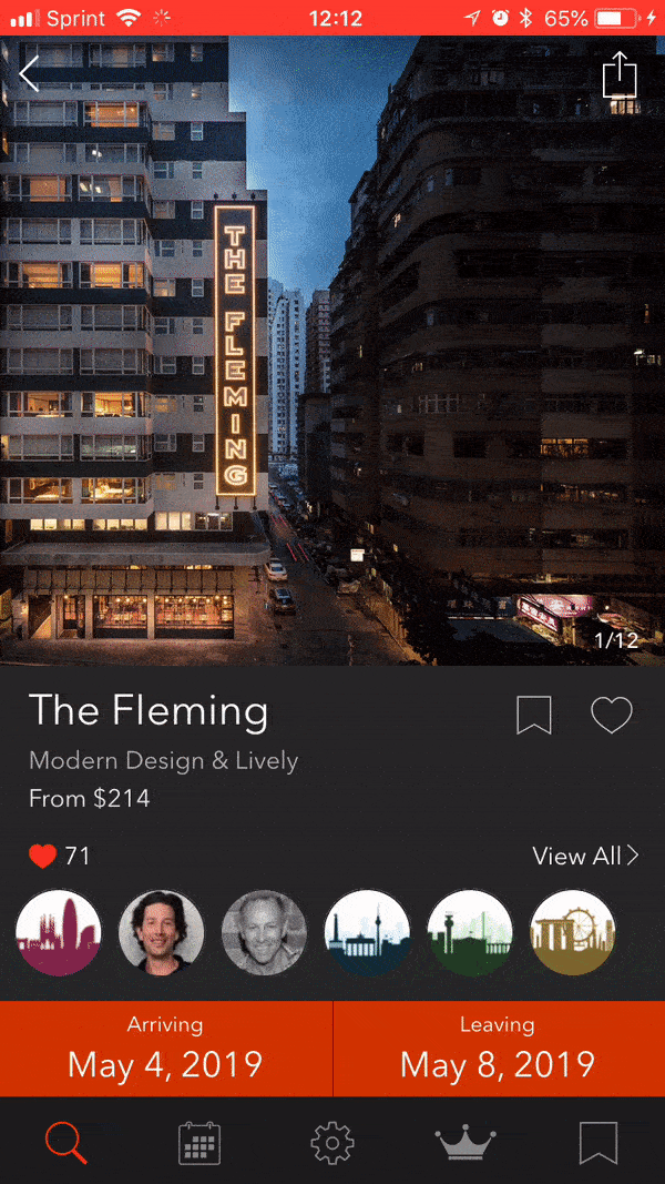This is a gif of a hotel app that shows a user browsing a hotel listing before registering. This is an example of postponing user registration or signin until a logical point in the user journey. 