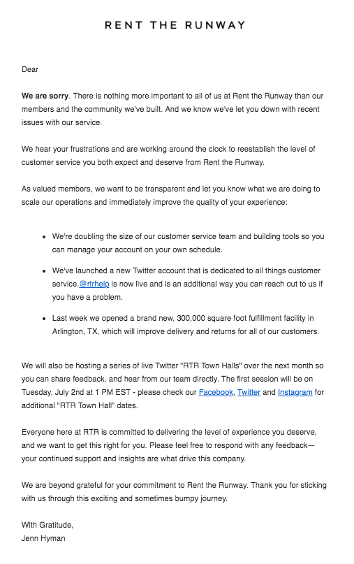 this is a customer ecngagement email from an eccomerce app apologizing for user frustrations 