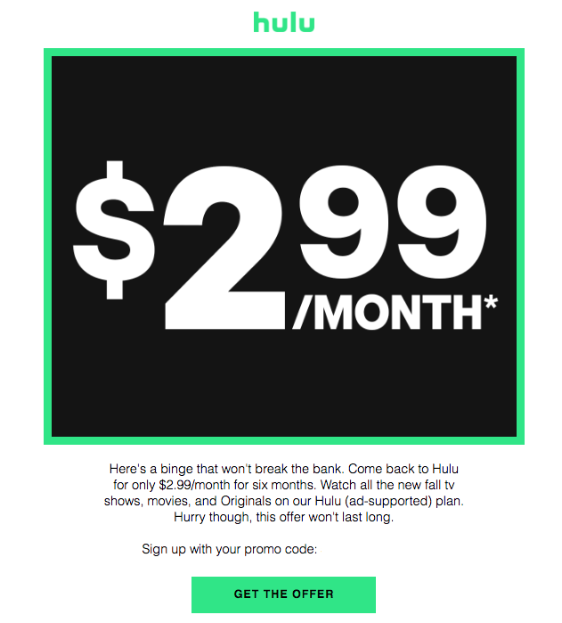 hulu churned user customer re engagement discount email example