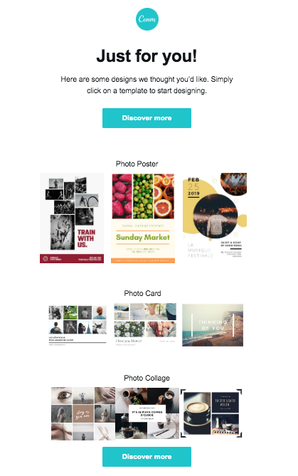 a just for you personalized email from canva based on use case