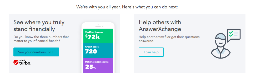 This is a screenshot from TurboTax's refund tracker page with a CTA to check out Intuit Turbo for credit score, debt to income ratio, etc. 