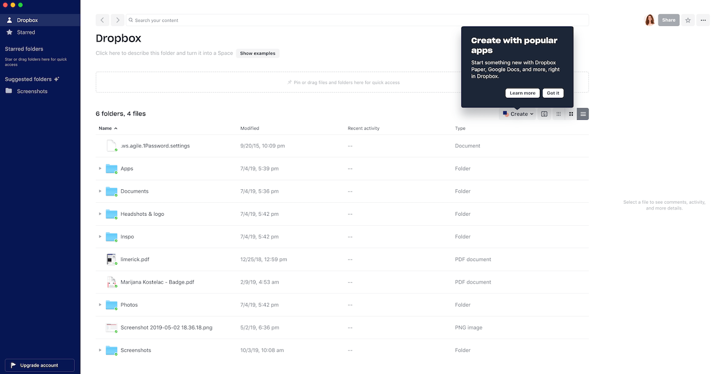 dropbox desktop tooltip in-app message