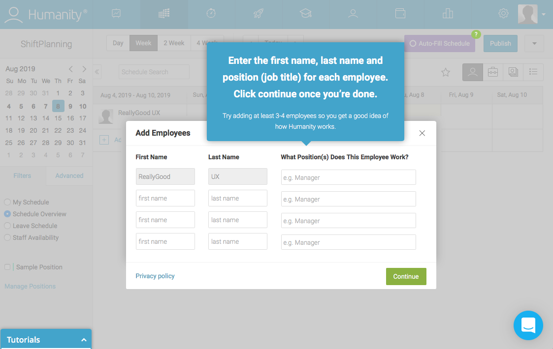 humanity new user onboarding product tour walkthrough tooltip and modal