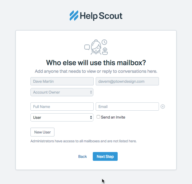 This is a screenshot of HelpScout's invite another user screen. Some users were confused by the grayed out account owner field. 