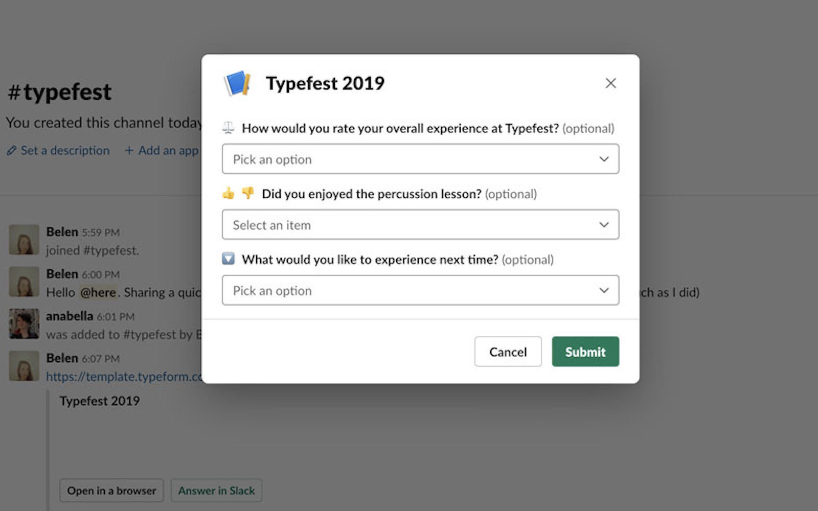 typeform slack integration example use case