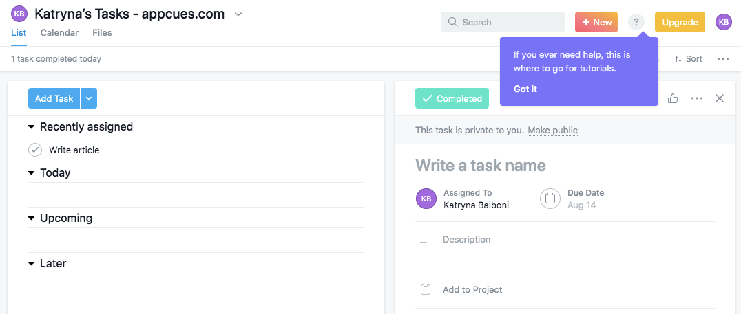 Asana ends their product walkthrough with a tooltip that shows users how to access self-service help in the future.
