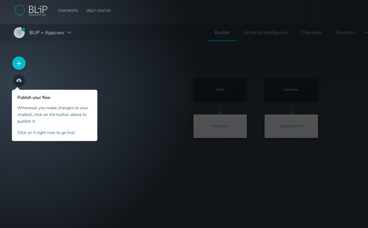 screenshot of a tooltip in a chatbot building tool user onboarding example 