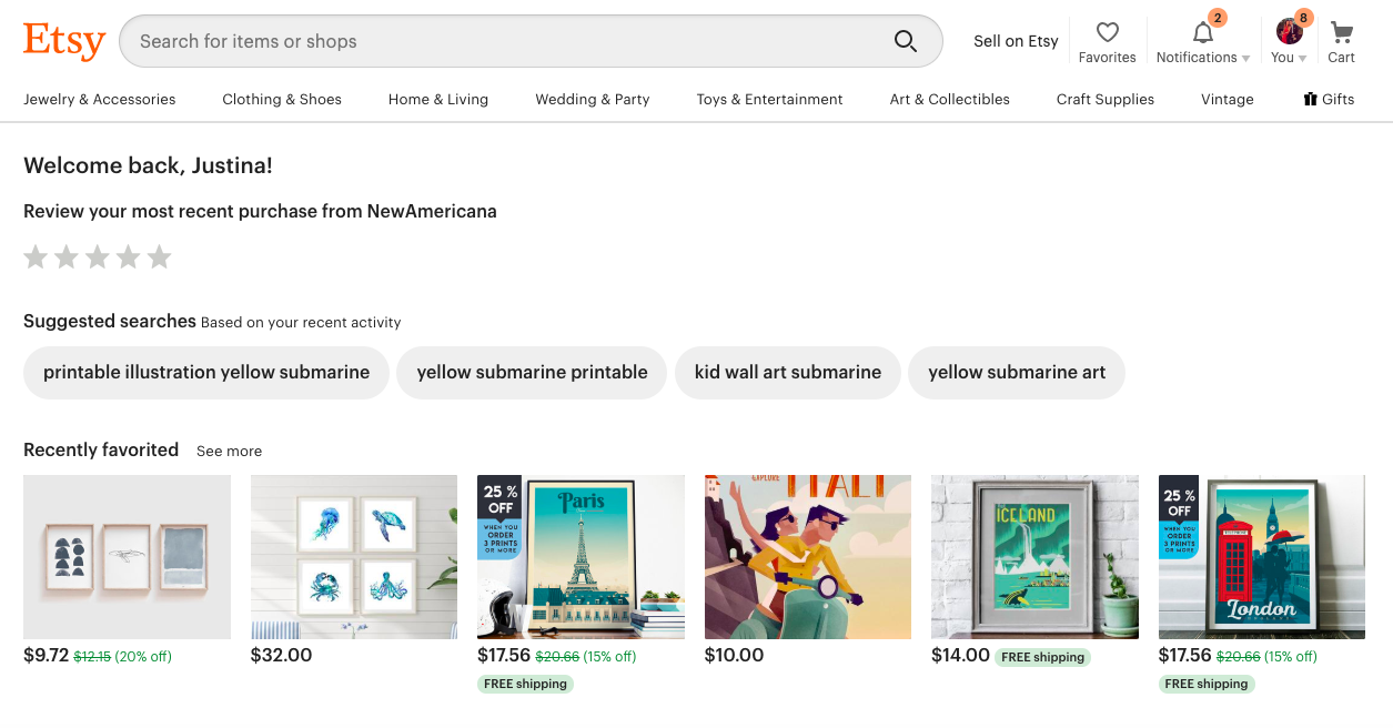 etsy website personalized by user behavior history