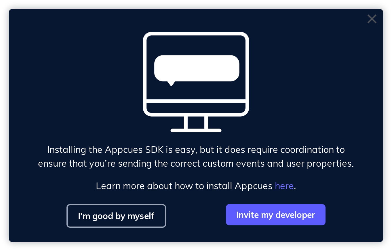 this is an example of a modal window made with appcues with a dark background, white text, and white icon with body text and 2 ctas