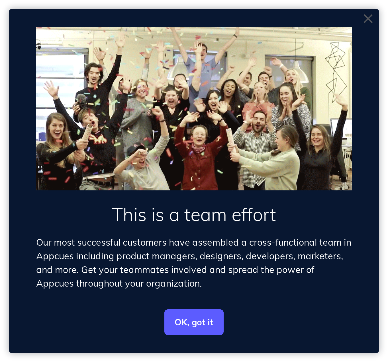 this is an example of a modal window made with appcues that includes an image, custom css, a header, and copy