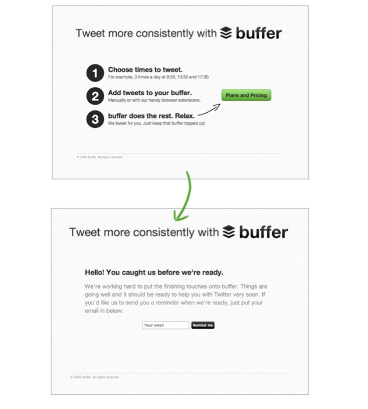 screenshots of buffer's first landing pages that helped CEO validate a minimum viable product (MVP)