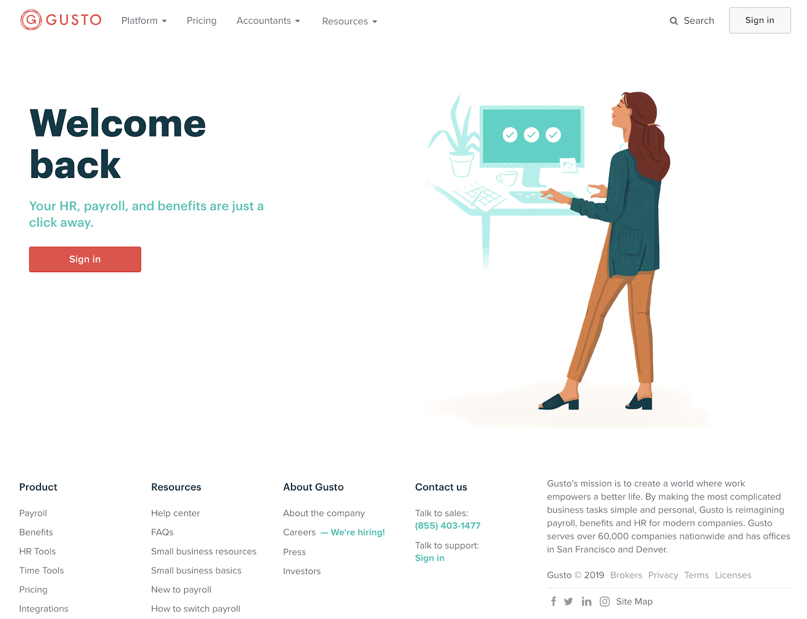 this is a screenshot image of hr platform gusto's marketing homepage. on the left is an illustration of a woman at a desktop computer, on the right is a large header that says welcome back and a sign in button