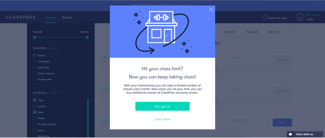classpass upgrade modal