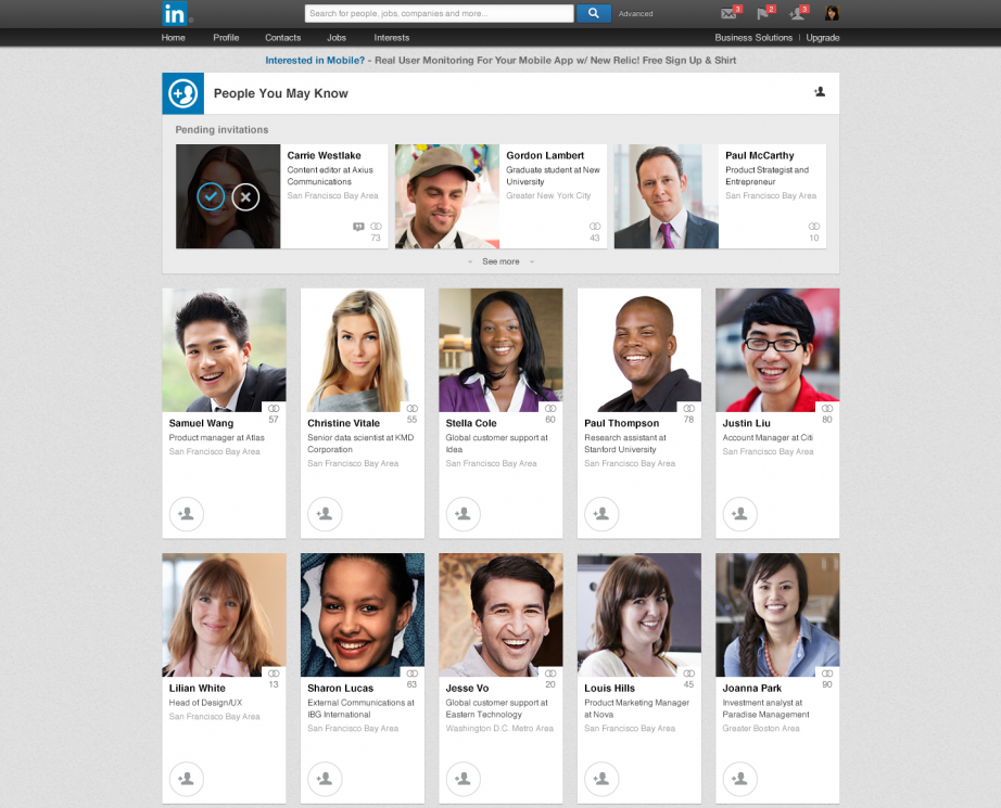 this is a screenshot image of linkedin's people you may know page, which serves as a retention hook to re-engage inactive users via active users