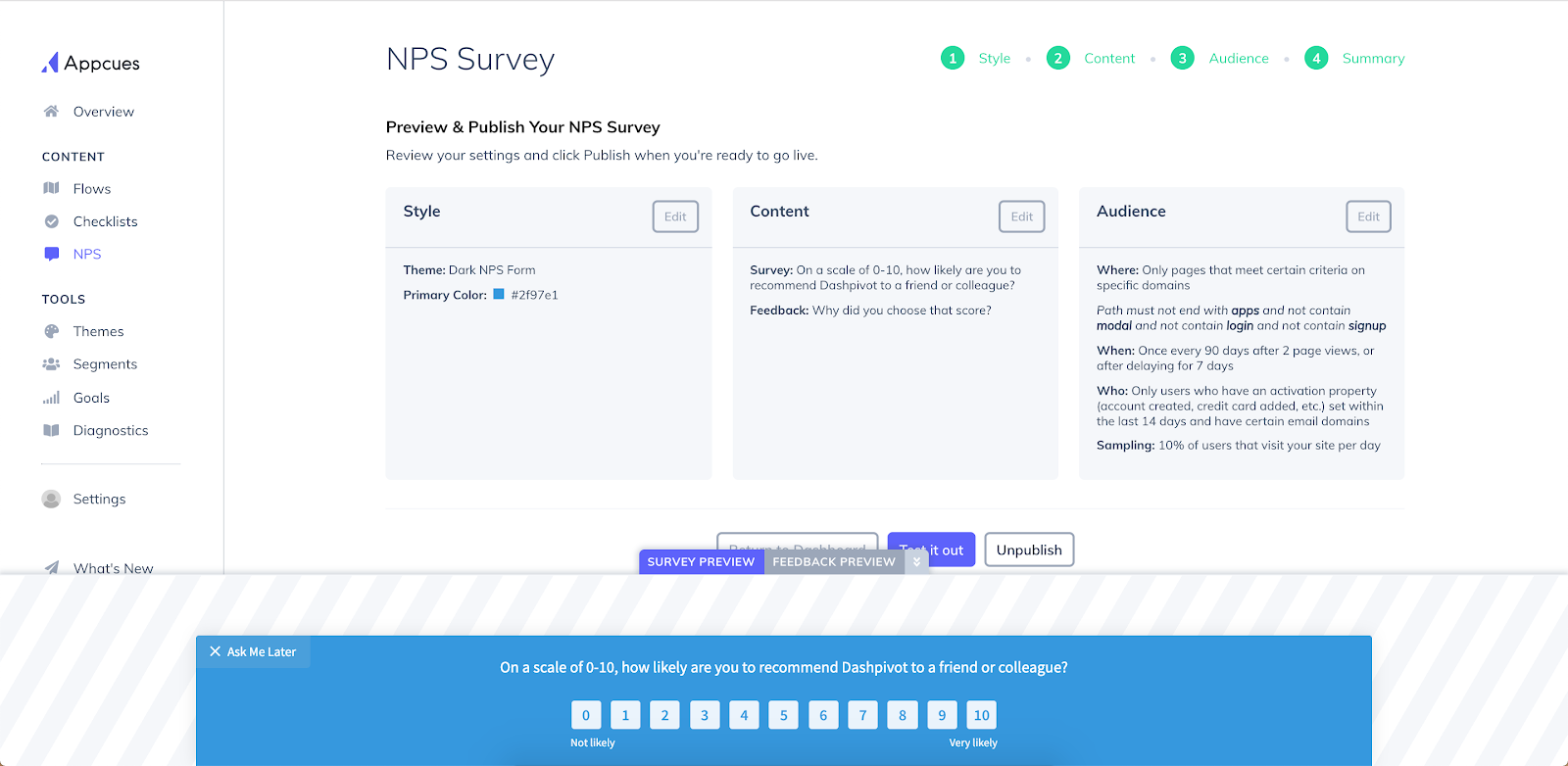 this is a screenshot of sitemate's dashpivot nps survey setup made using appcues. this shows appcues' dashboard with available tools including nps surveys. users can create nps survey on this page.