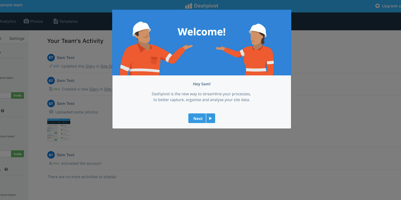 this is an example of a welcome modal made with appcues. the modal window says welcome! and includes a next cta and native styling