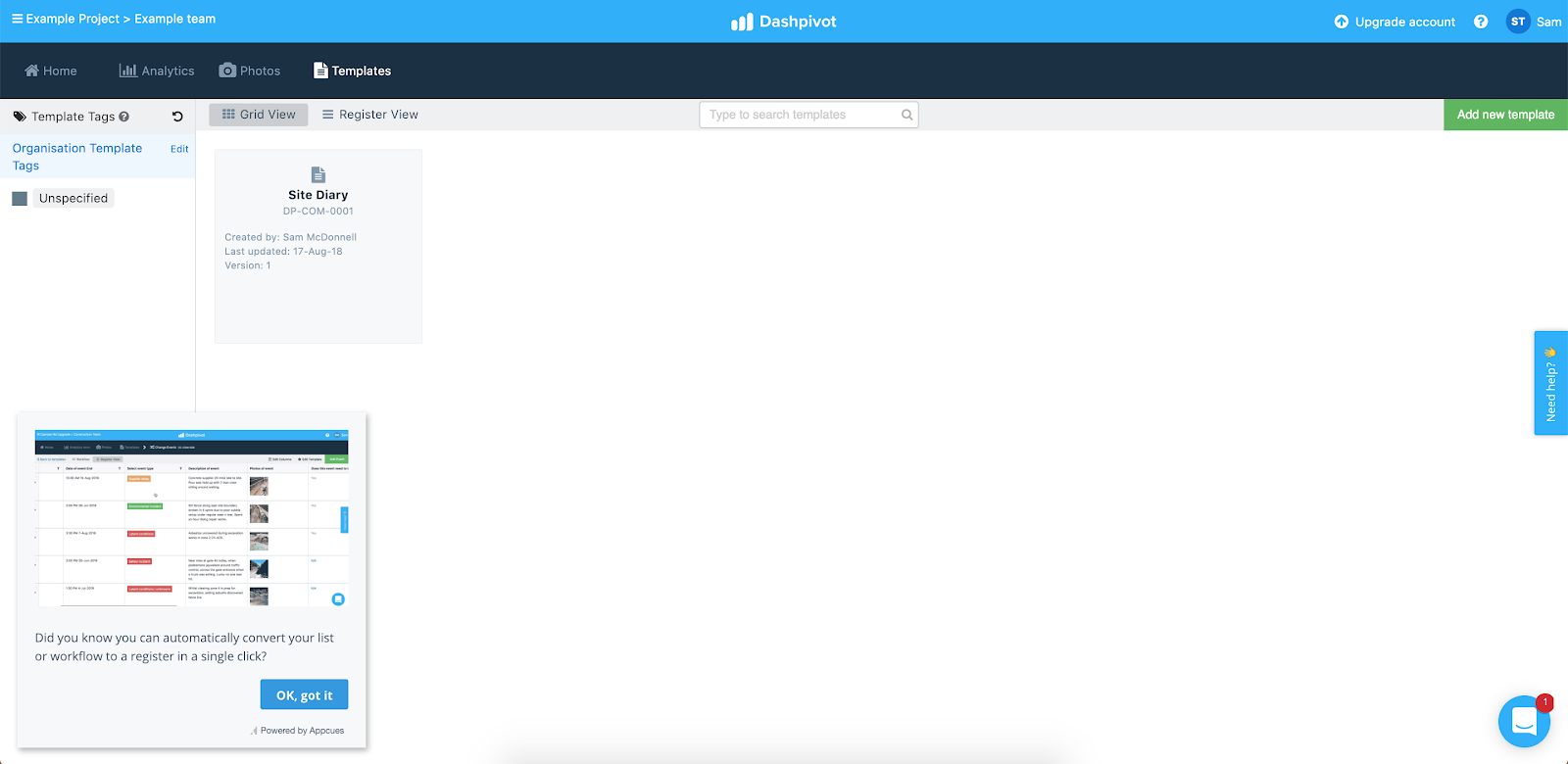 this is an example of a slideout made using appcues. this slideout is part of sitemate's product onboarding tour that teaches new users how to use their software platform