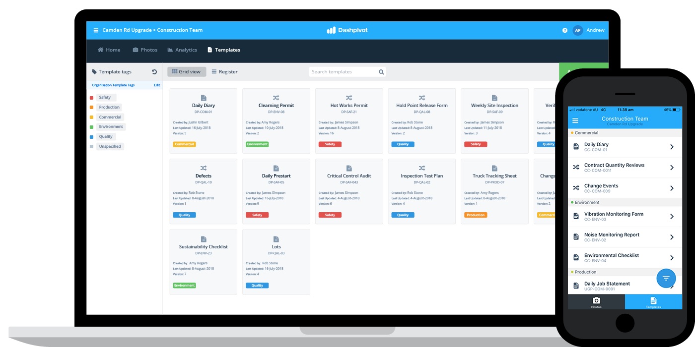 this is an image of Sitemate's Dashpivot project management software platform on both desktop and mobile 
