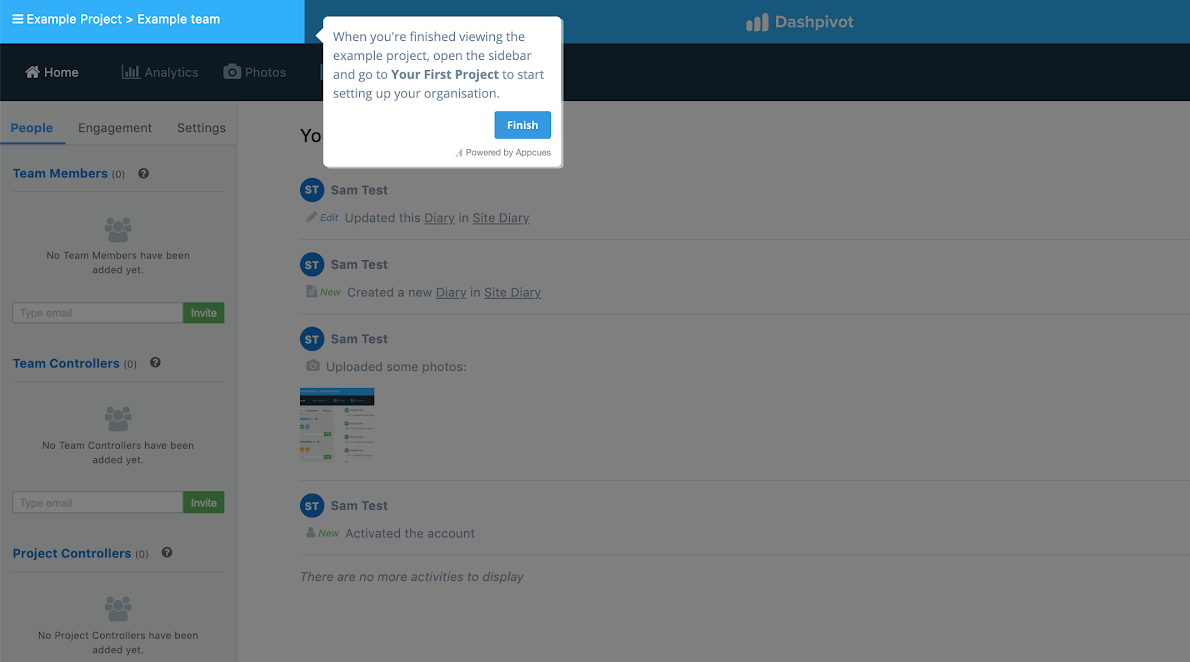 this is an example of a tooltip made using appcues. this tooltip is part of sitemate's product onboarding tour that teaches new users how to use their software platform