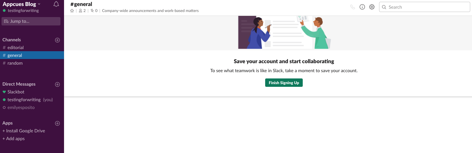 slack 2019 new user onboarding screen finish signup prompt banner