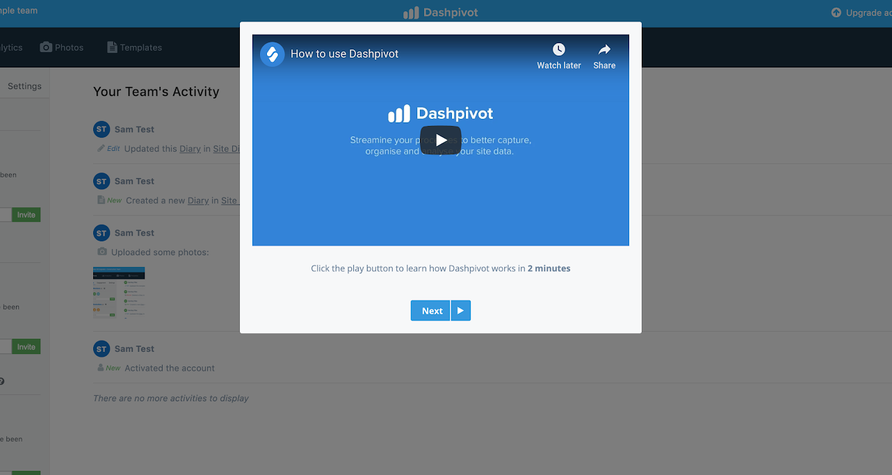 this is an example of a product explainer video embedded into a modal window made using Appcues as part of Dashpivot's product tour