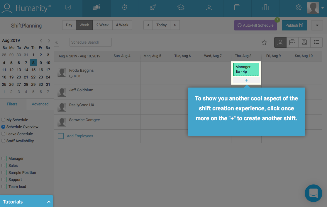 employee management platform dashboard walkthrough tooltip attached to feature
