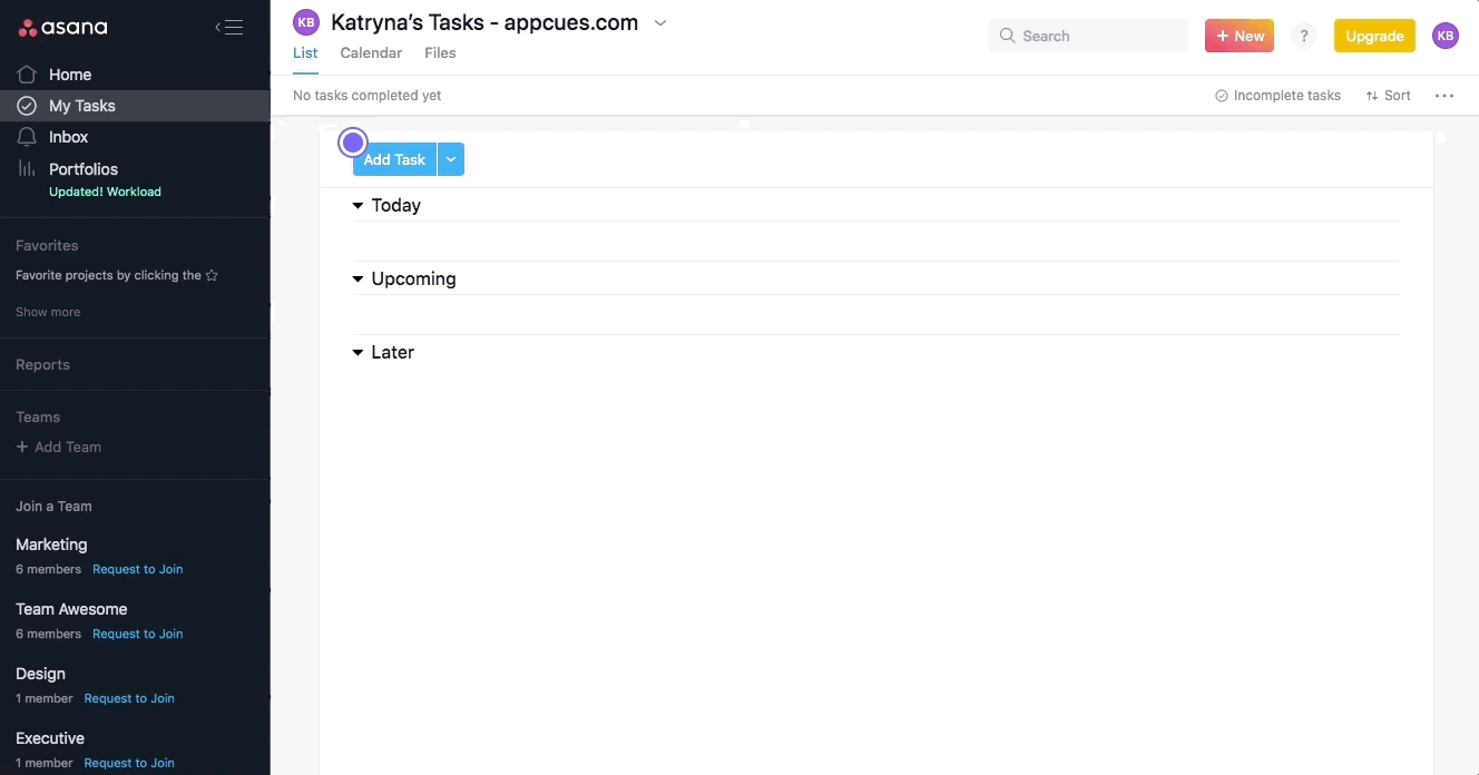 asana new user onboarding product walkthrough tour with pulsing beacon hotspot