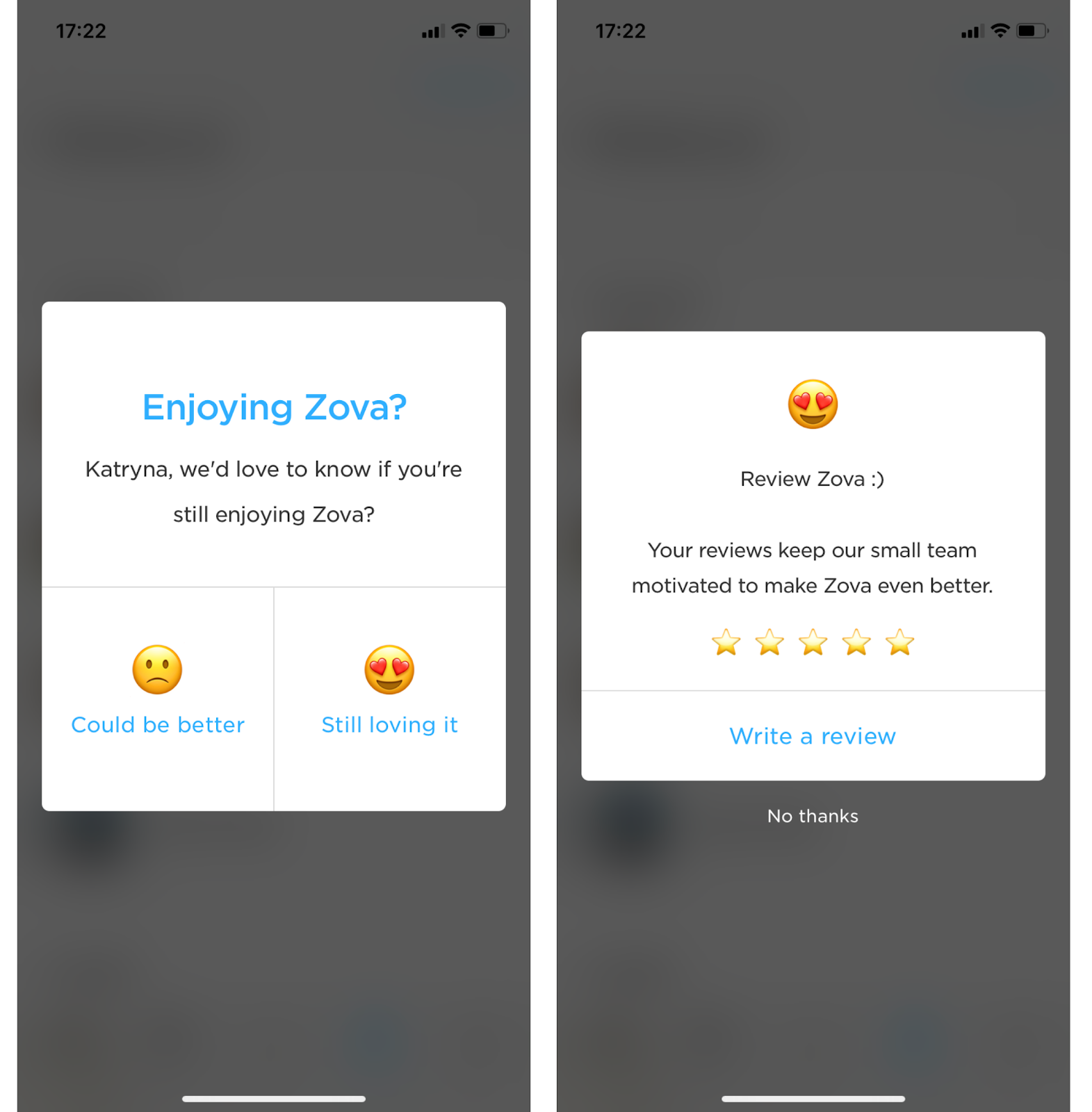 zova app rating user feedback request 