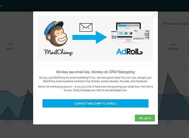 adroll mailchimp integration announcement modal appcues
