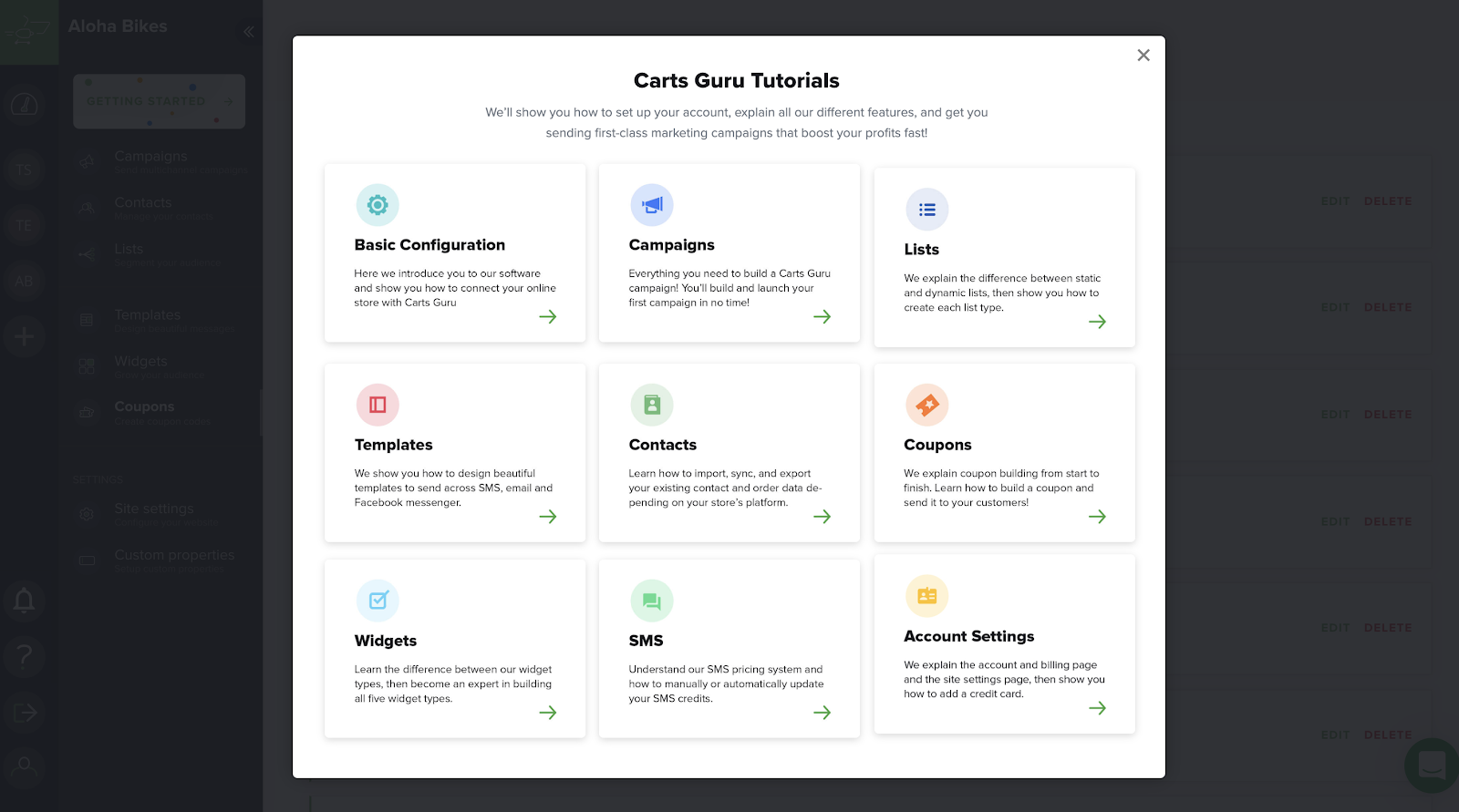 tutorial directory modal for in-app tours. example from carts guru