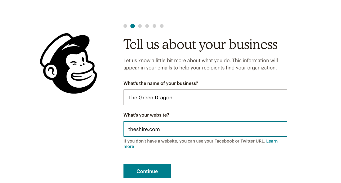 this is a screenshot image of mailchimp's user onboarding flow with a full screen modal window that has a progress indicator at the top, the company monkey logo on the left, and manul input fields on the right