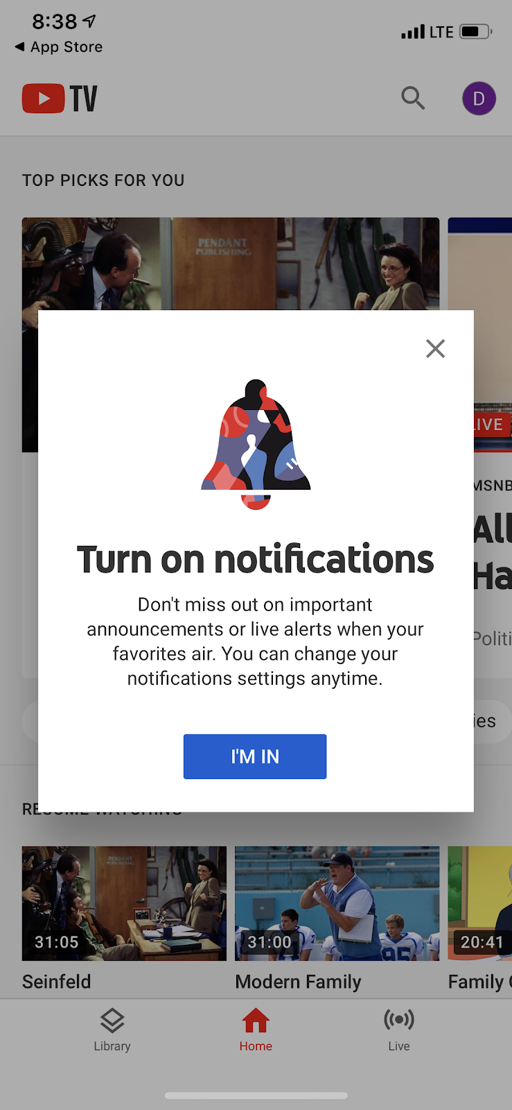 youtube tv mobile app permission request