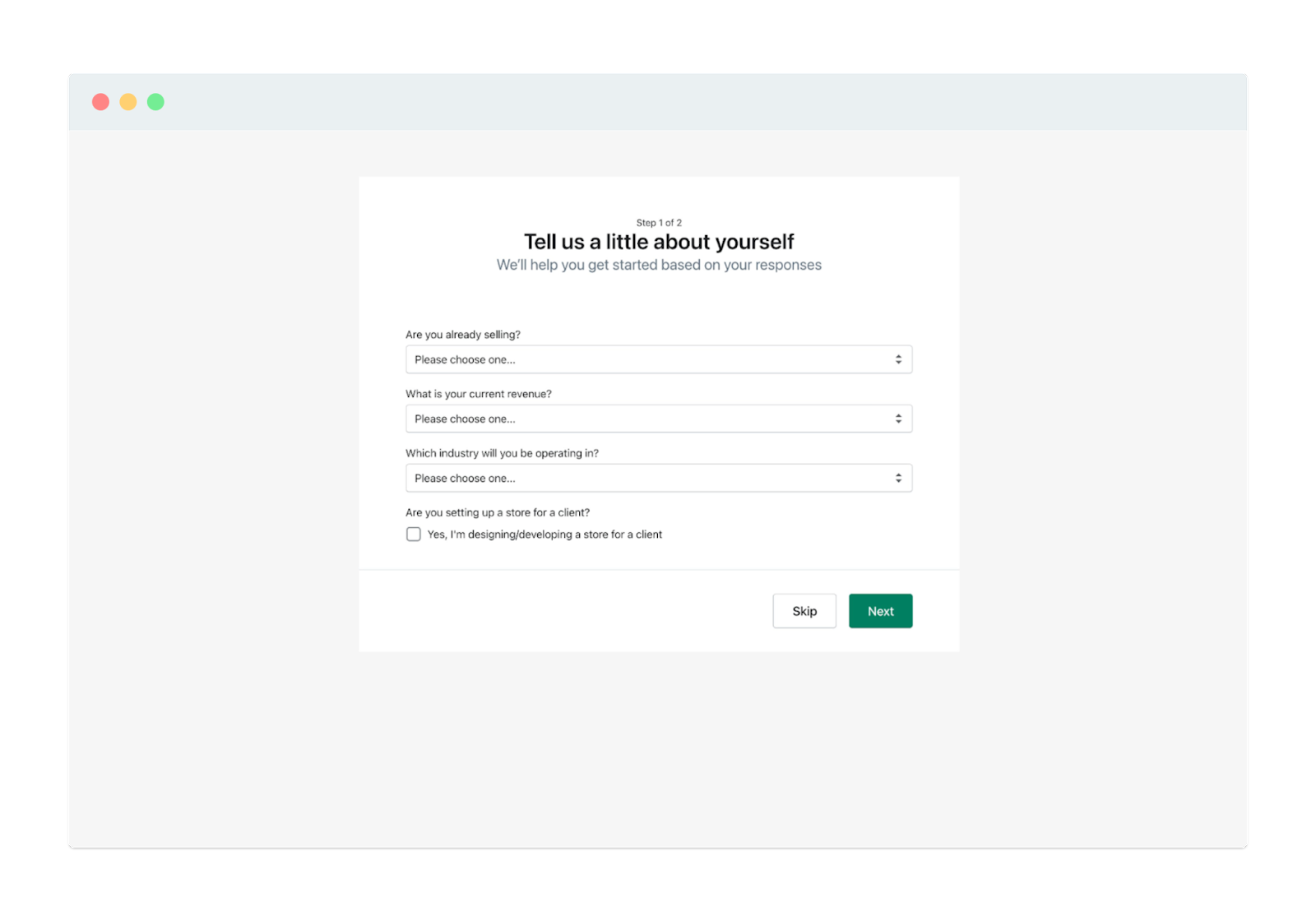 Shopify user onboarding screen, step 1/2