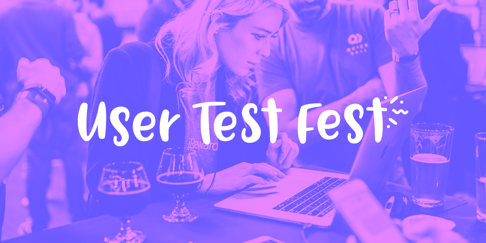 This is a duotone image in blue and pink that shows a woman testing a product on a laptop at a user testing event. This is abanner image for an event called Uer Test Fest, run by Appcues. 