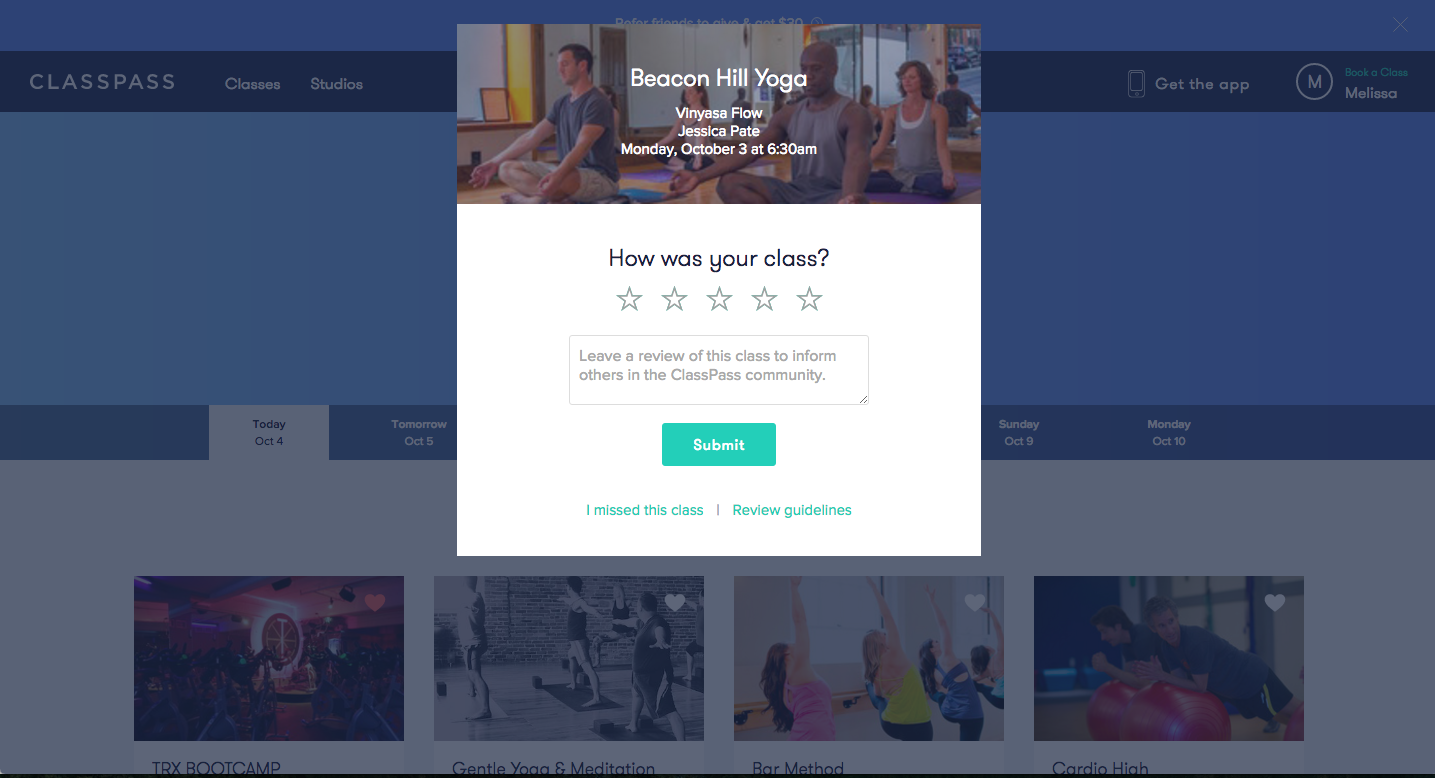 ClassPass' well-timed feedback modals