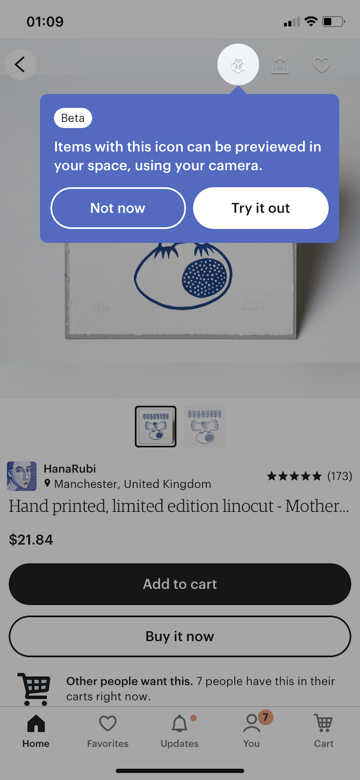 Etsy's simple Beta feature release tooltip
