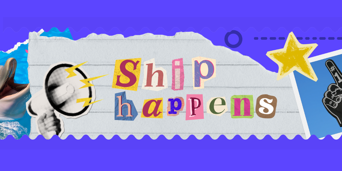 The image for 'Ship Happens', miscellaneous font on a ripped paper. 