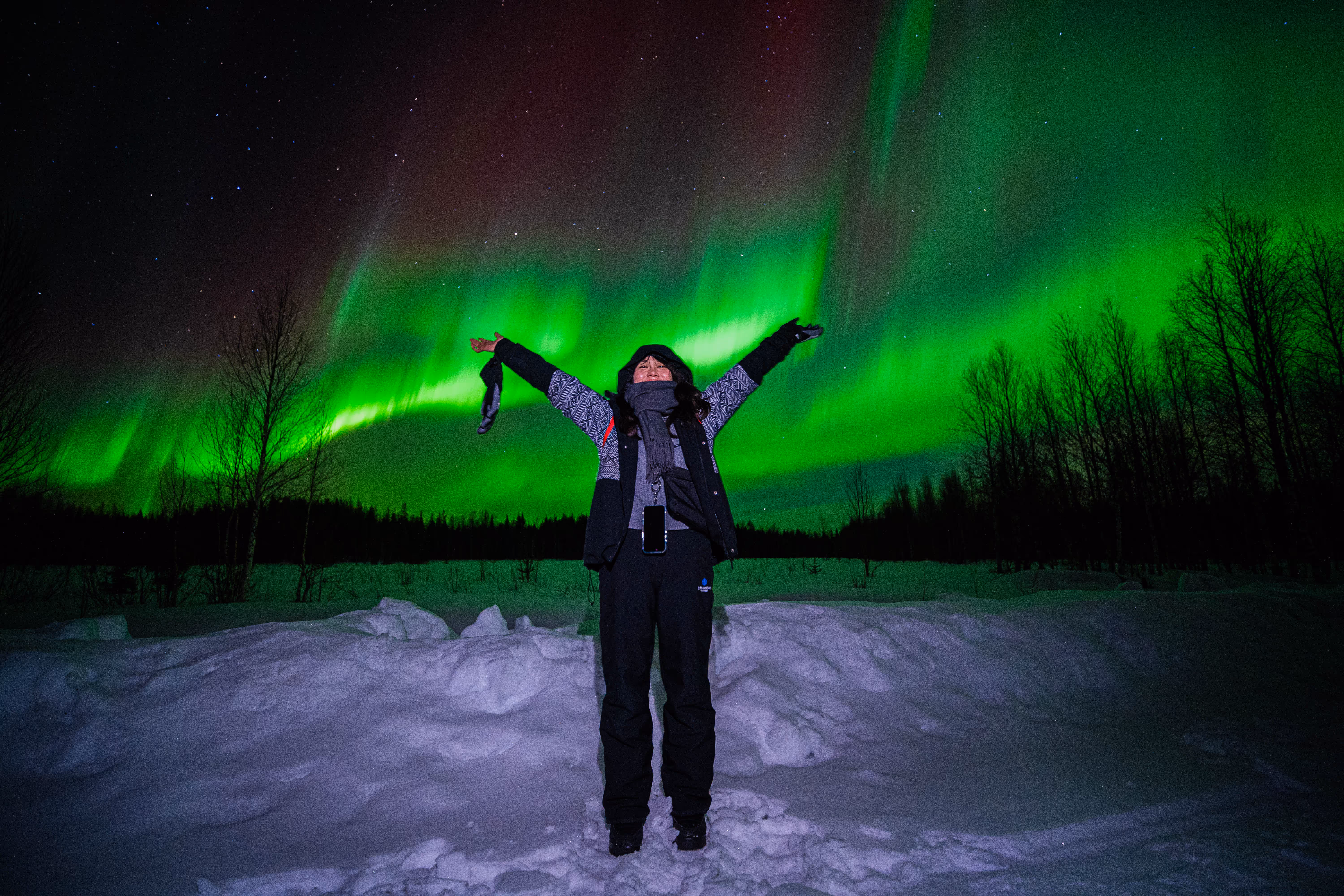 Woman in winter gear raising arms beneath vivid green Aurora Borealis in snowy Lapland forest.