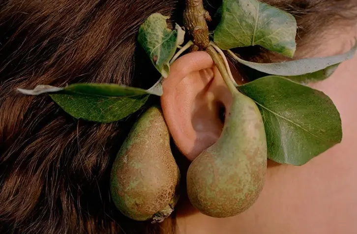 Close-up of an ear with two pears and green leaves hanging like earrings, set against brown hair. The image has a surreal and whimsical tone.