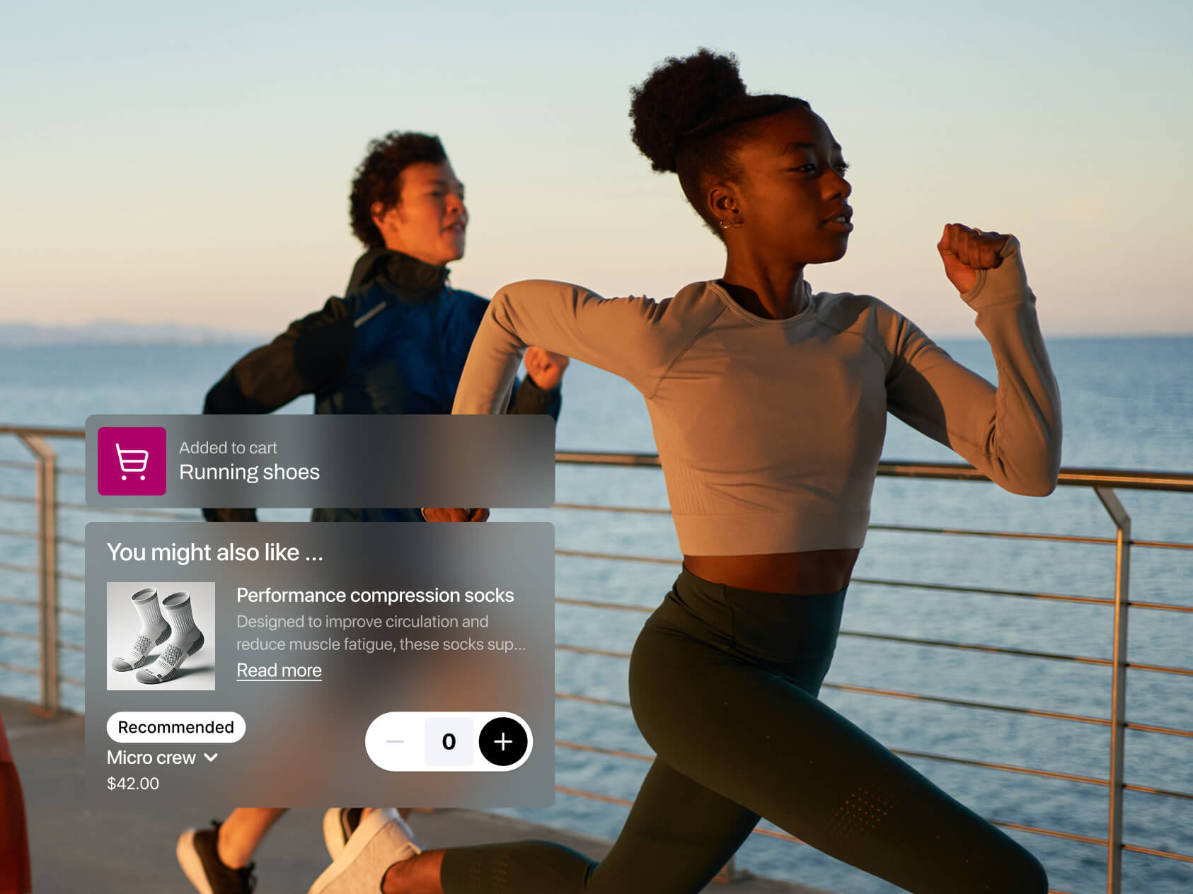 Two people jog along a waterfront boardwalk at sunset, dressed in athletic wear. A UI overlay shows a running shoe purchase confirmation and recommends compression socks, suggesting personalized shopping in a fitness context.
